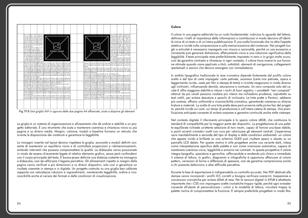 Design editoriale, griglie e colore - doppia pagina 84 e 85, edizione 3.0