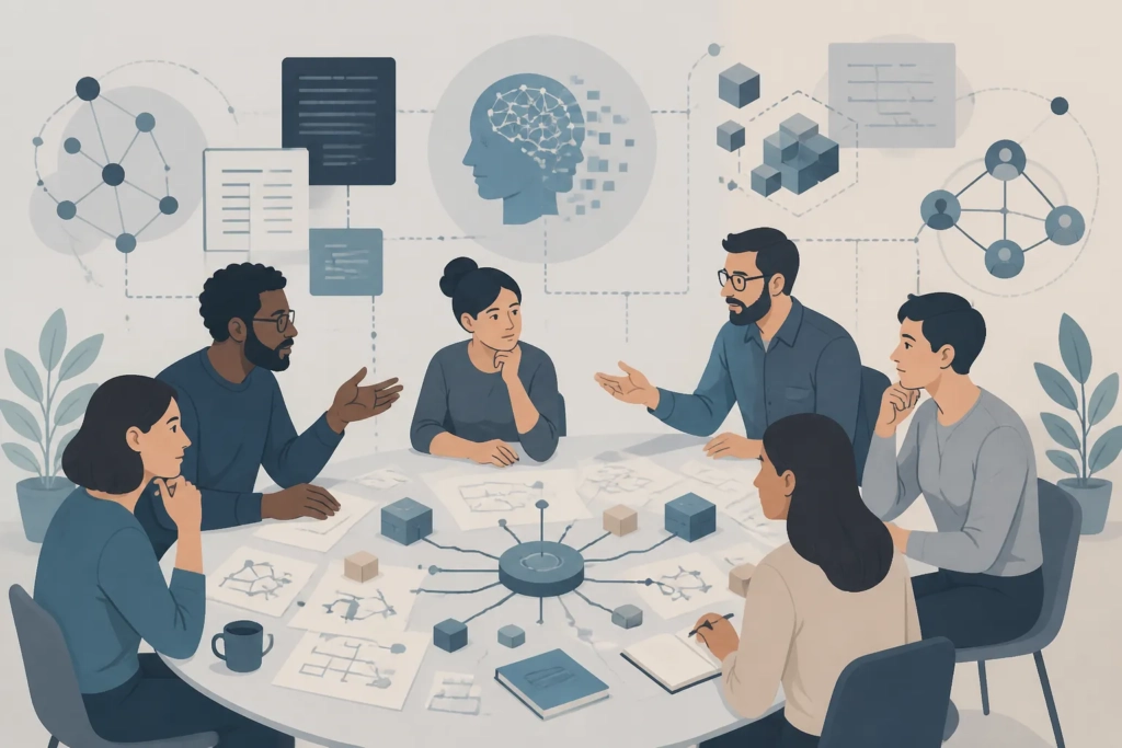 Illustrazione concettuale di una comunità tecnica che discute una policy sull’uso dell’AI generativa nei contributi open source.