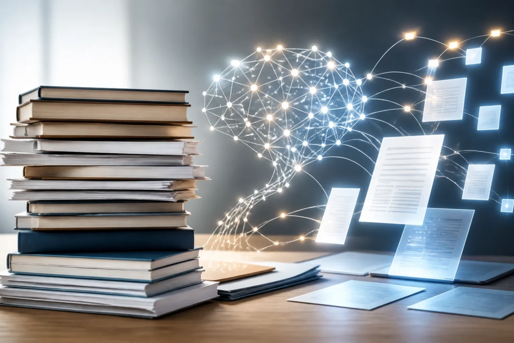 Libri e documenti con un elemento grafico astratto che rappresenta l’intelligenza artificiale.
