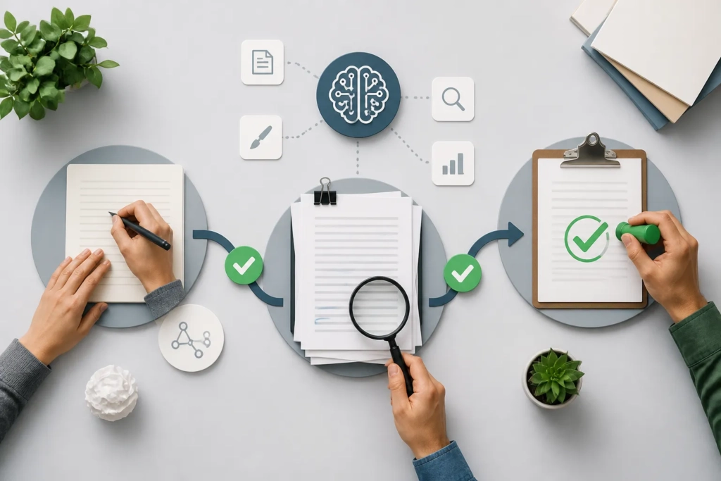 Processo editoriale con bozze, controlli e un riferimento astratto all’AI.