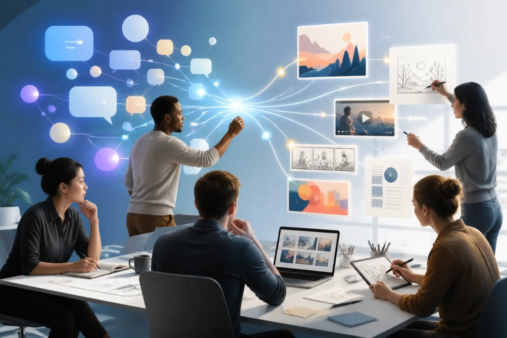 Una conversazione di lavoro che si trasforma in materiali creativi e documenti.