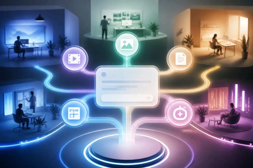 Un’interfaccia conversazionale centrale collega strumenti creativi diversi.