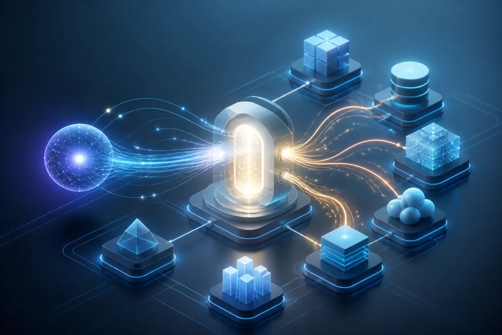Un gateway centrale instrada le richieste di un agente AI verso diversi servizi aziendali.