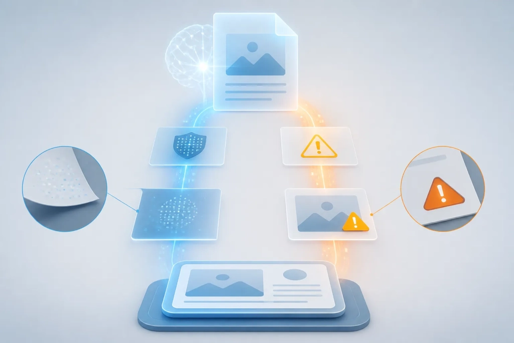 Schema concettuale di trasparenza dei contenuti AI con marcatura tecnica e avviso al pubblico.