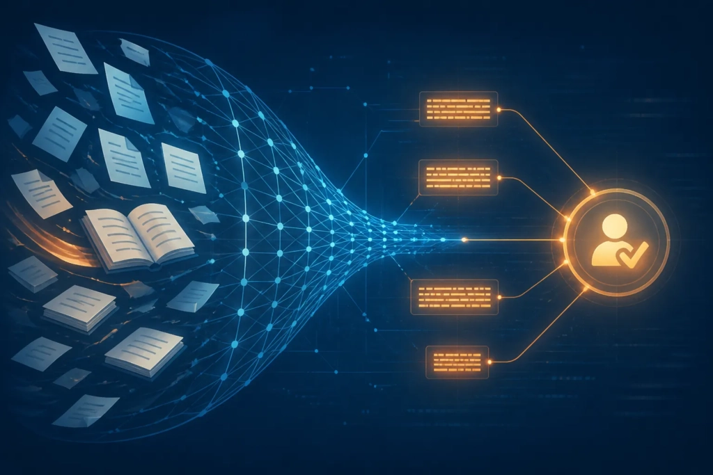 Una rete digitale che elabora libri e documenti stilizzati, suggerendo addestramento AI e uso di contenuti protetti.