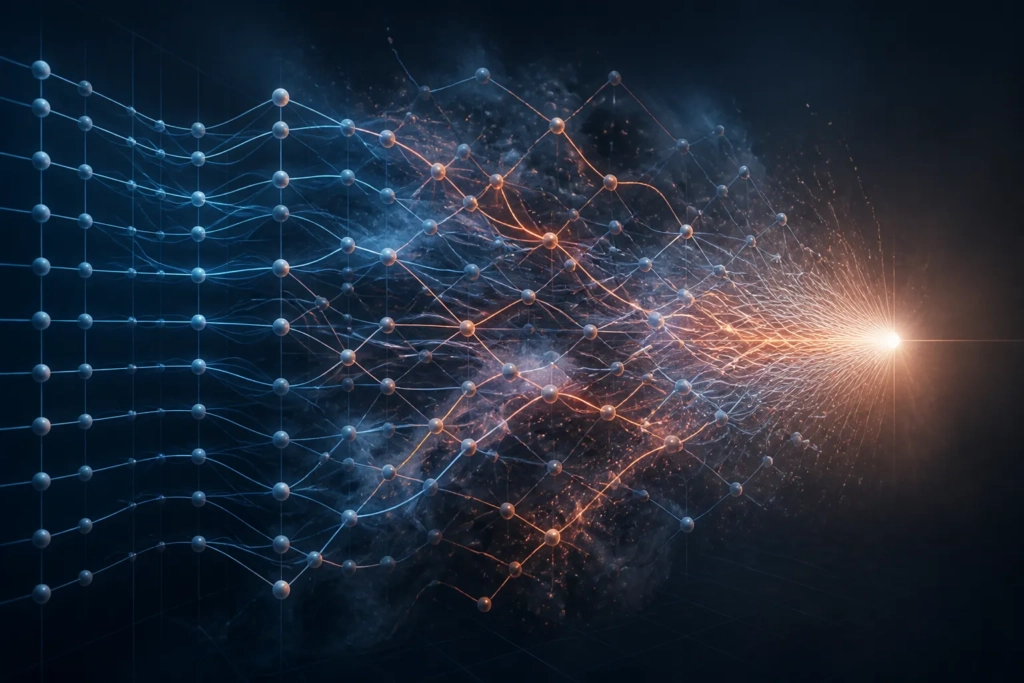 Rete astratta di nodi e connessioni che mostra un flusso di contesto alterato all’interno di un modello linguistico.