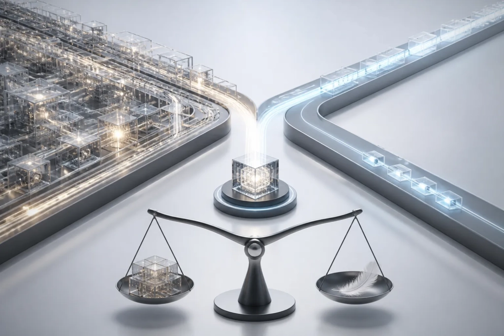 Confronto concettuale tra un sistema AI più costoso e uno più efficiente, rappresentati come due flussi di lavoro paralleli.