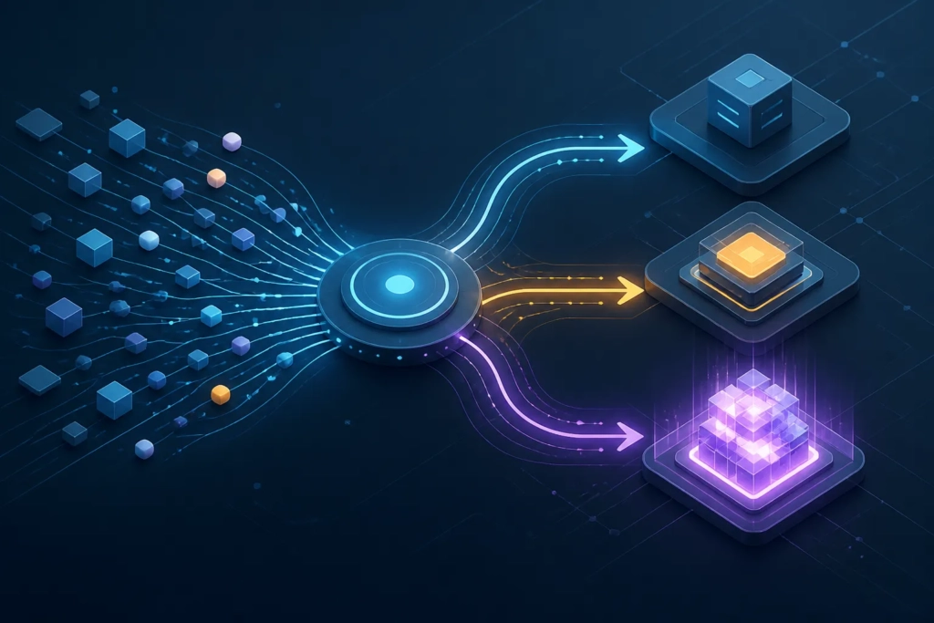 Schema concettuale di un router che invia le richieste a modelli AI diversi in base alla complessità.