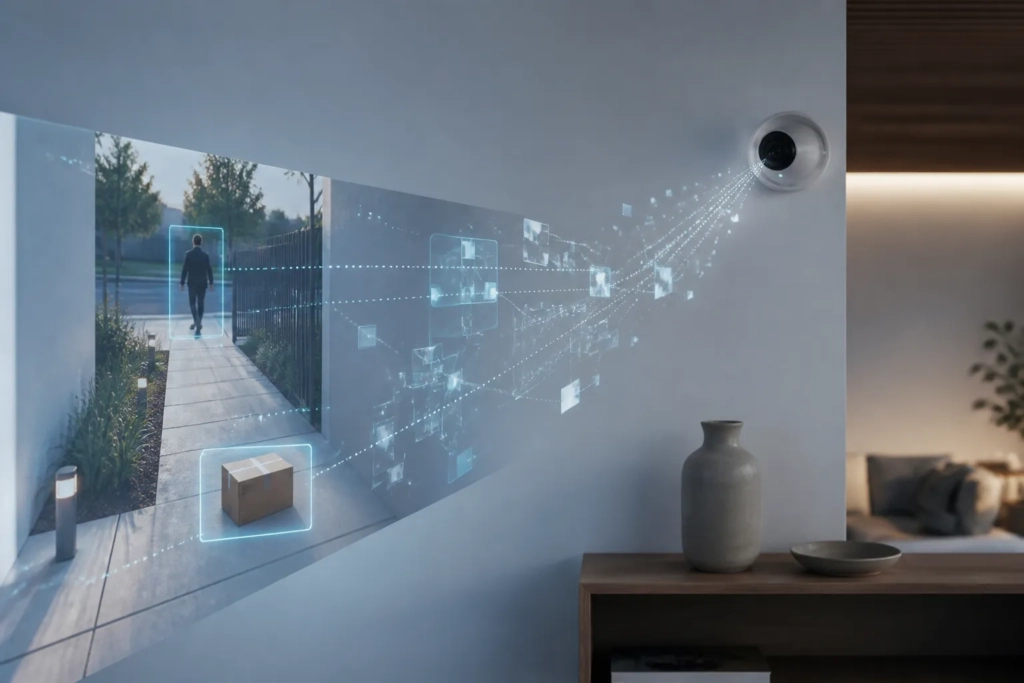 Videocamera domestica con elementi grafici astratti che rappresentano analisi e descrizione automatica delle registrazioni.