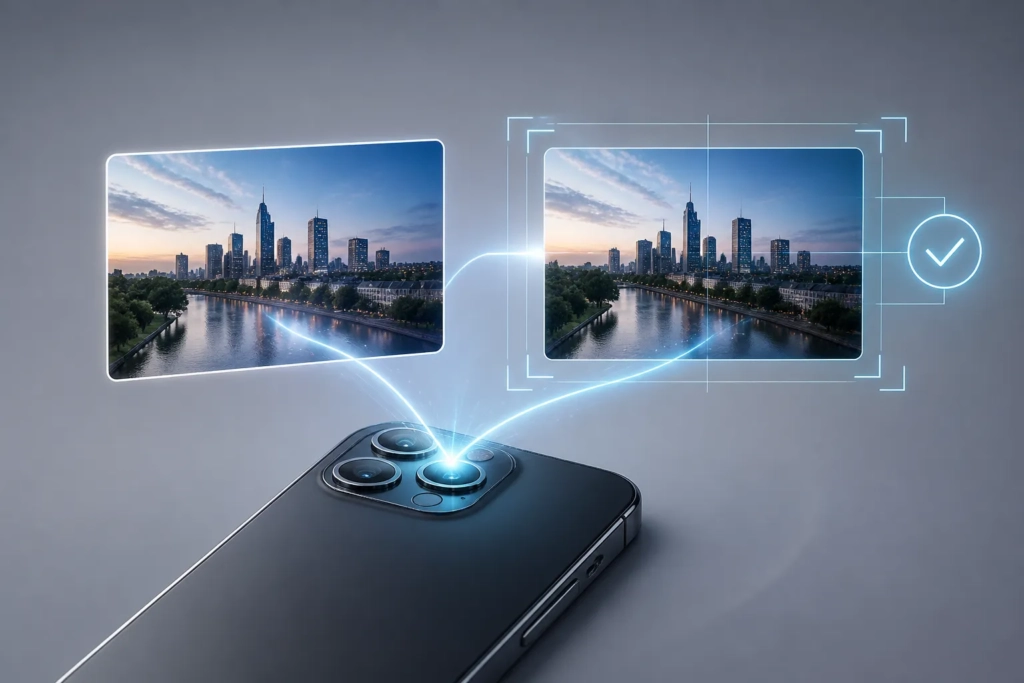 Uno smartphone che genera una foto principale e una immagine di riferimento collegata.
