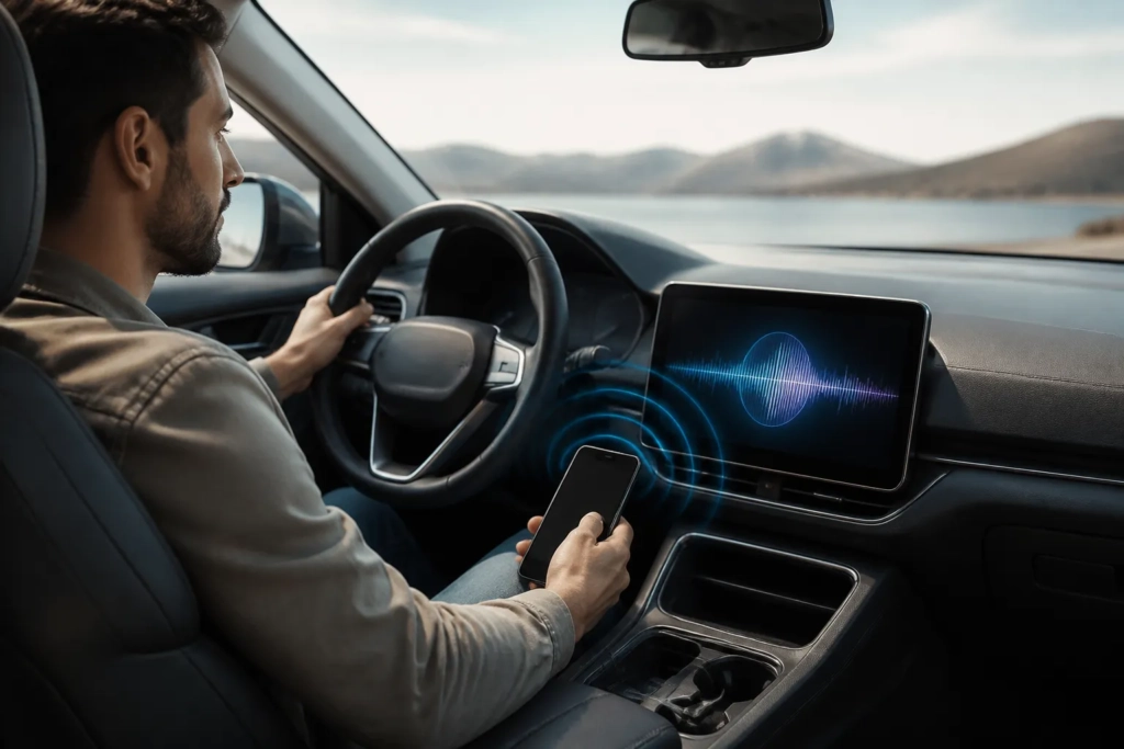 Un’auto moderna con smartphone collegato al sistema di bordo e segnali visivi che suggeriscono una conversazione vocale con l’assistente.