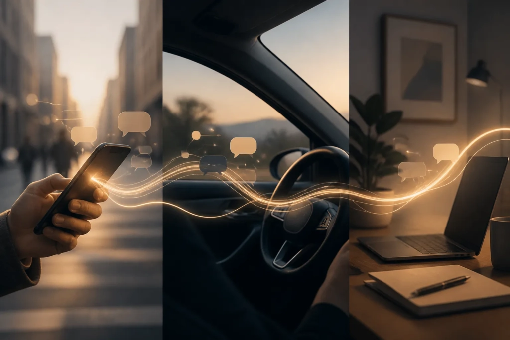 Telefono, auto e computer collegati da un flusso visivo che rappresenta una conversazione AI continua tra dispositivi.