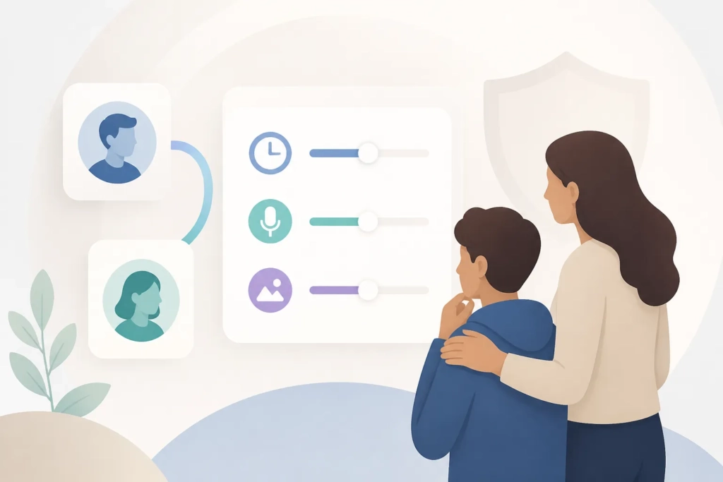 Illustrazione concettuale del collegamento tra account adulto e account adolescente con impostazioni parentali.