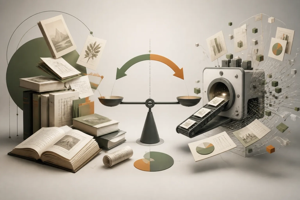 Immagine concettuale che mostra la concorrenza tra contenuti protetti e output generativi nel mercato.
