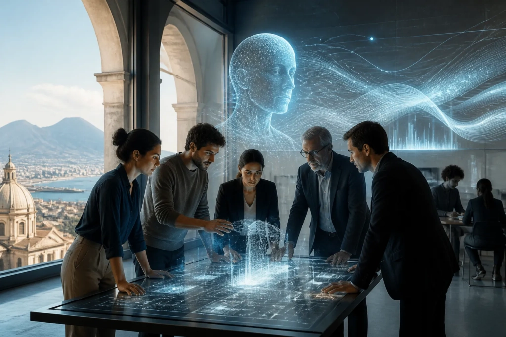 Gruppo di persone in un ambiente universitario moderno con simboli astratti di intelligenza artificiale, dati e sviluppo software.