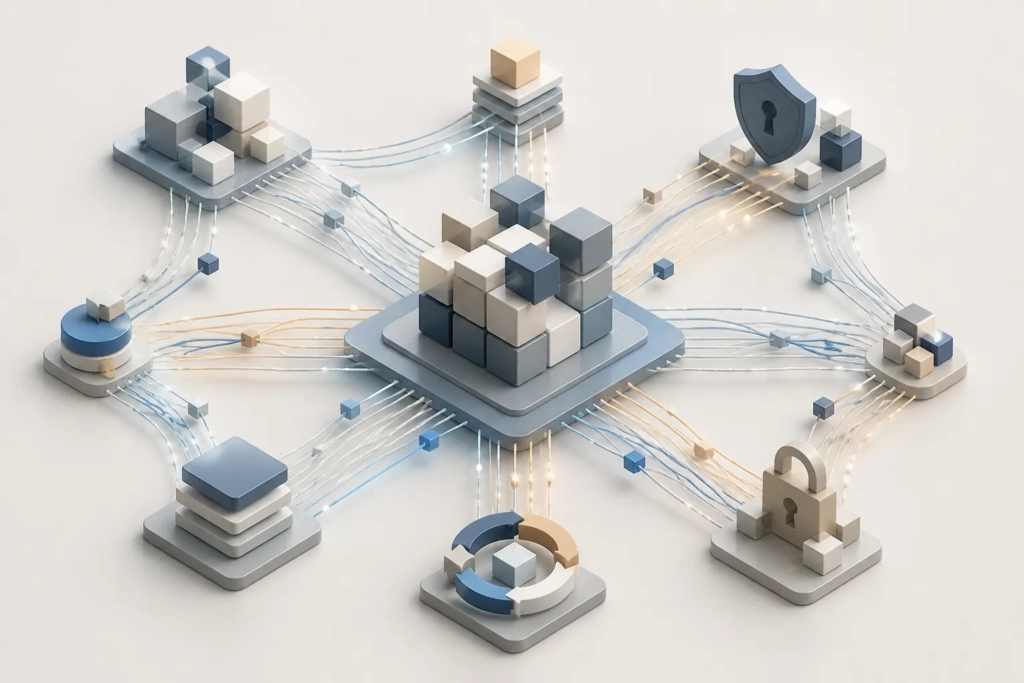 Rete di dati organizzata con simboli astratti di controllo e governance per una soluzione AI affidabile.