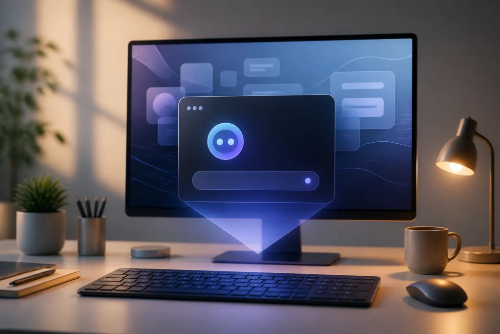 Un assistente AI che compare sul desktop di un computer, in una scena concettuale di produttività.