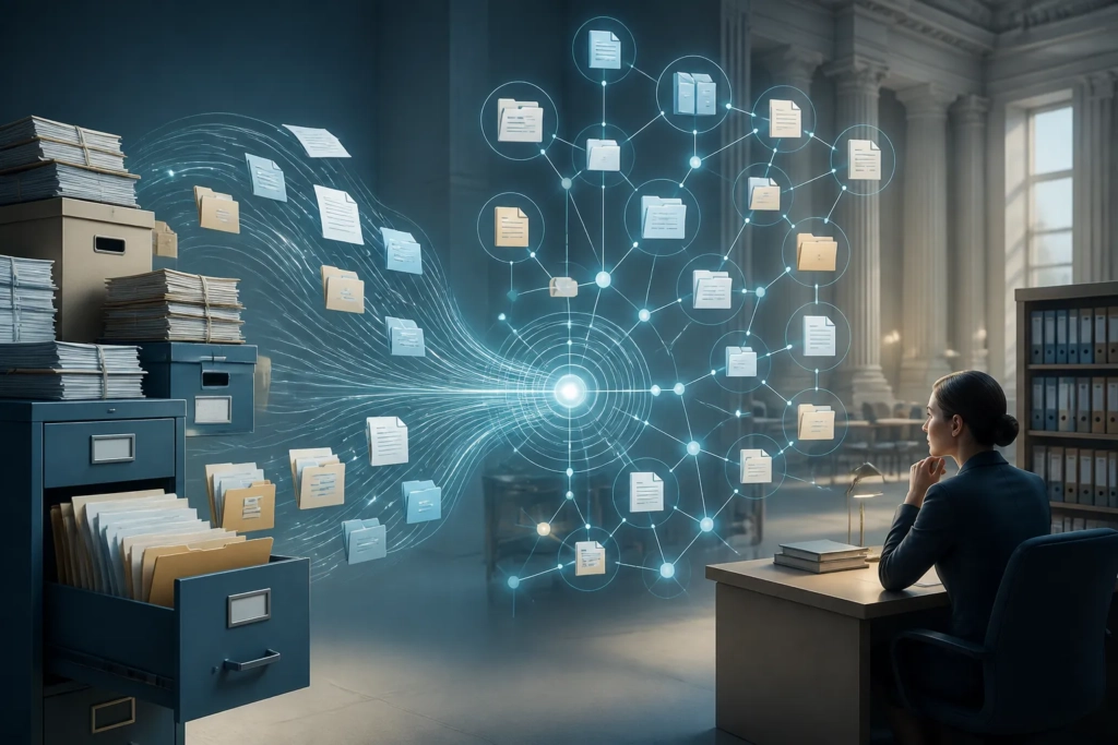 Documenti e fascicoli digitali collegati in una base informativa interrogabile.
