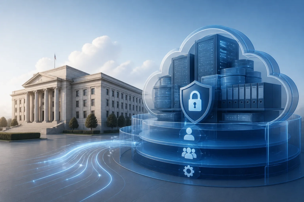 Infrastruttura cloud controllata dall’ente pubblico con dati custoditi in sicurezza.