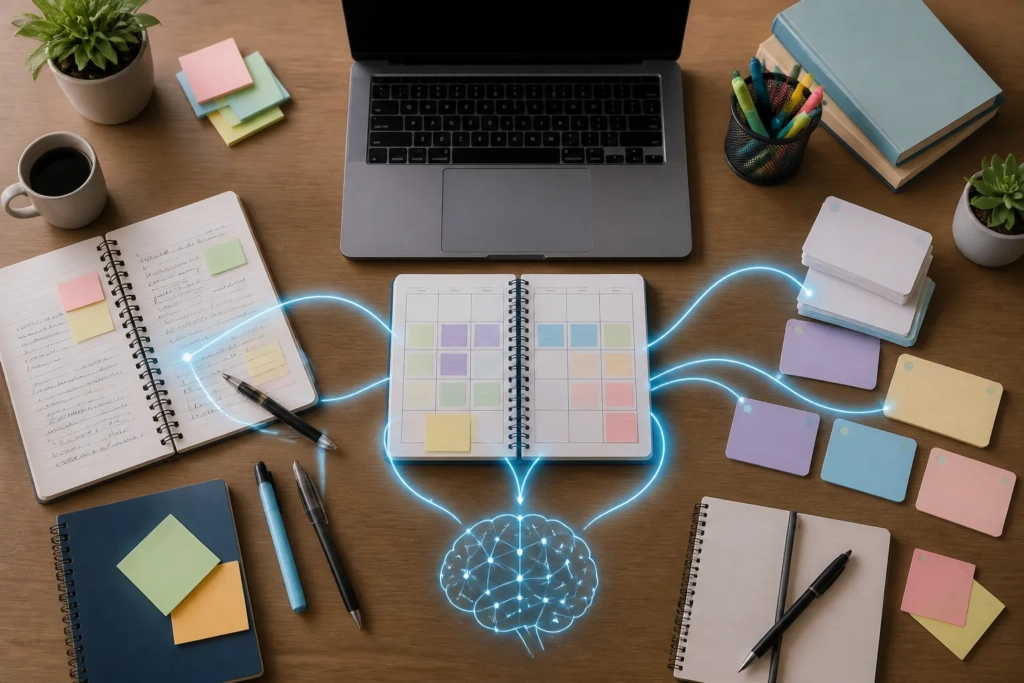 Postazione di studio con appunti, piano settimanale, flashcard e quiz collegati da elementi visivi che suggeriscono l’uso dell’AI.