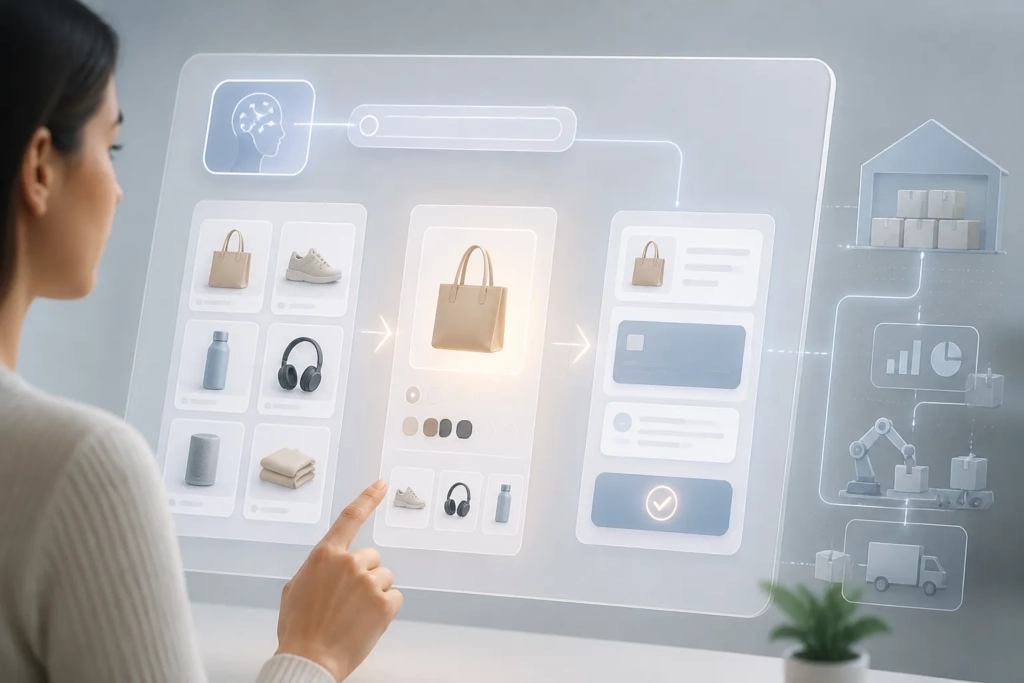 Illustrazione concettuale di ricerca, selezione e checkout integrati in un’unica interfaccia AI.
