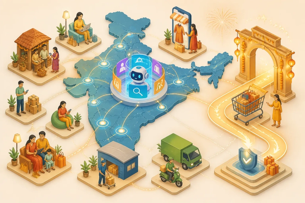 Illustrazione concettuale del mercato indiano come contesto del test tra AI e marketplace.