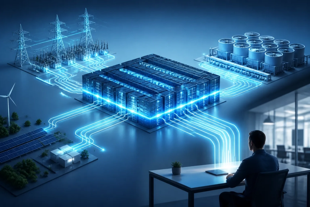 Un data center astratto collegato a rete elettrica e raffreddamento, con l’energia che raggiunge l’utente finale.