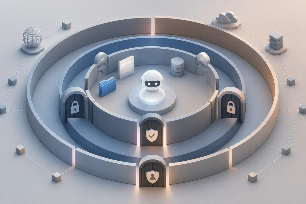 Un agente AI al centro di strati di confine che rappresentano permessi, isolamento e accesso all’ambiente.