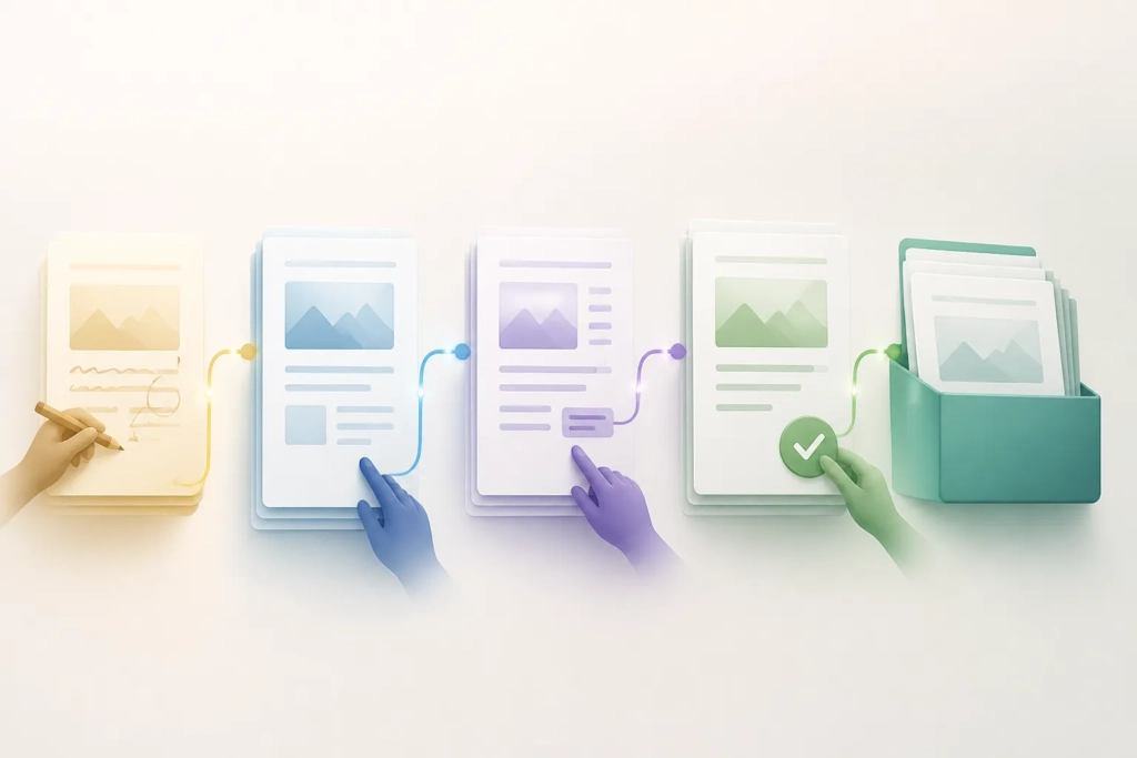 Sequenza visiva di un documento che attraversa stati editoriali diversi, dall’appunto all’archivio.