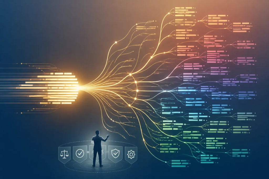 Un testo centrale genera molte varianti ramificate, a mostrare l’effetto dell’AI sulle modifiche editoriali.