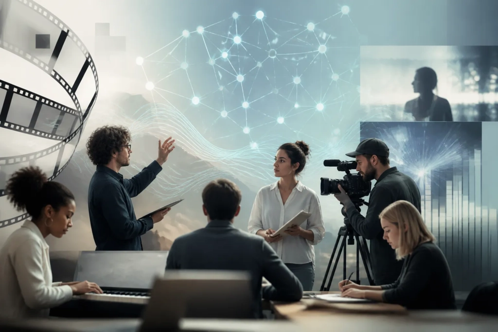 Persone in formazione circondate da simboli astratti di creatività e intelligenza artificiale.