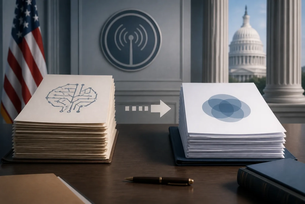 Illustrazione concettuale di documenti amministrativi che rappresentano il cambio di terminologia sull’intelligenza artificiale.