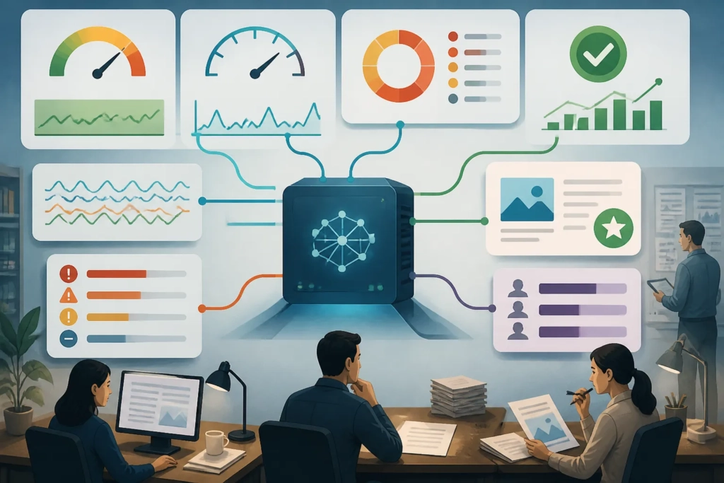 Illustrazione concettuale del monitoraggio di un servizio AI con indicatori tecnici e controllo della qualità degli output.