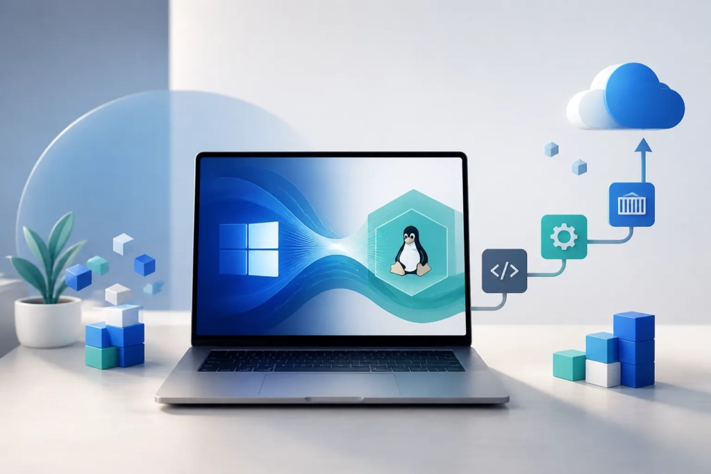 Postazione di sviluppo con integrazione concettuale tra Windows 11, Linux e container.