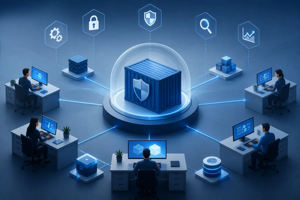 Rete aziendale che gestisce in modo centralizzato container e sicurezza in WSL.