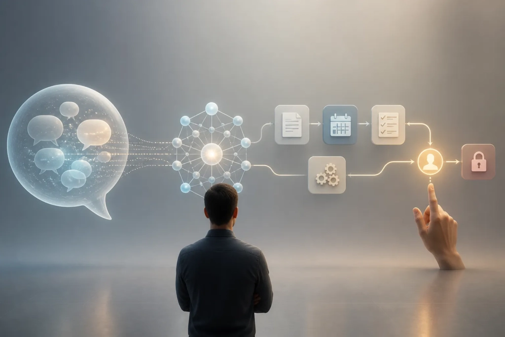 Una scena concettuale mostra un agente AI che esegue attività in più passaggi con controllo umano prima delle azioni sensibili.