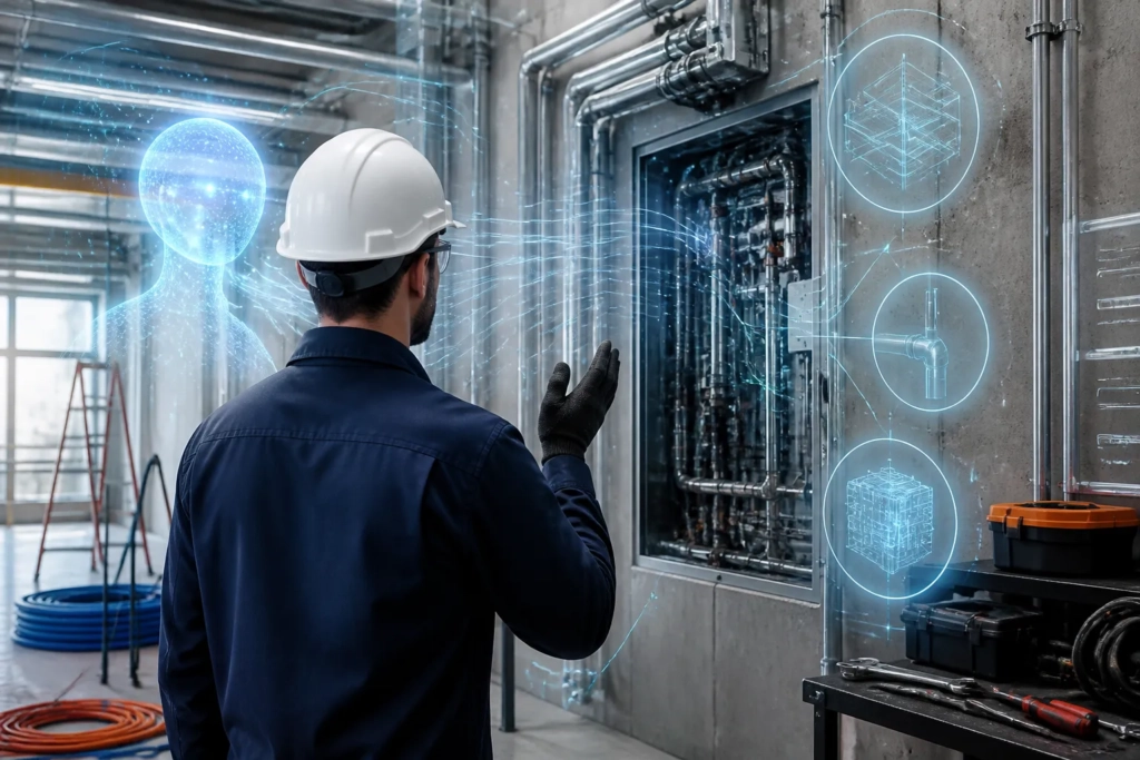 Tecnico in cantiere che riceve assistenza AI contestuale mentre lavora su un impianto.