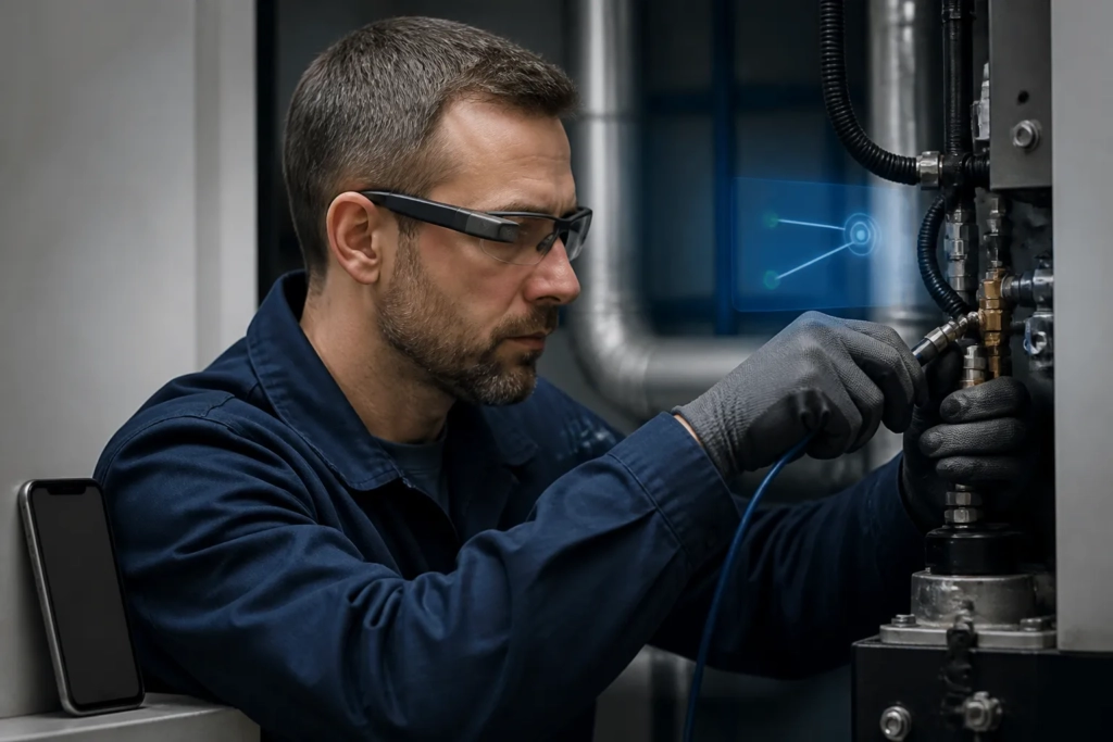Lavoratore con occhiali AI che continua un’attività manuale a mani libere.