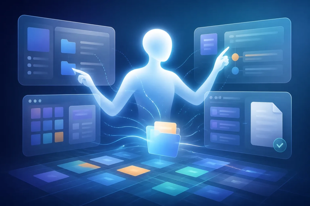Rappresentazione concettuale di un assistente AI che interagisce con più ambienti digitali per completare attività.