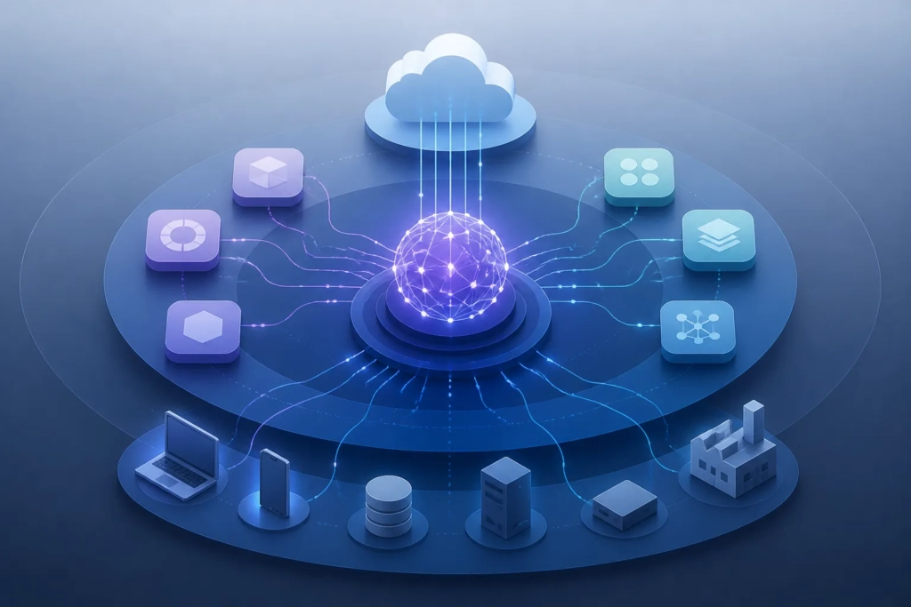 Schema concettuale di un modello AI integrato tramite API in servizi cloud e applicazioni aziendali.