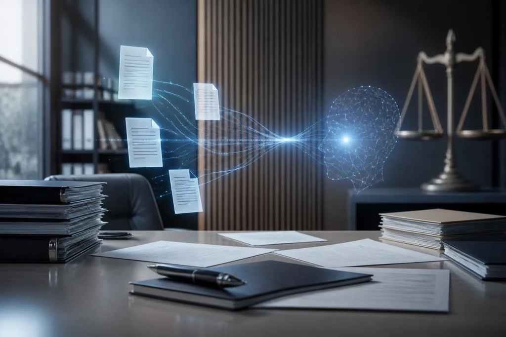Un ufficio legale con documenti e un sistema AI astratto che supporta la ricerca e l’analisi.