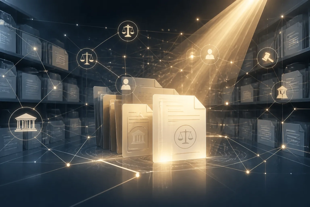 Un archivio digitale giuridico con documenti e connessioni luminose che suggeriscono ricerca specializzata.