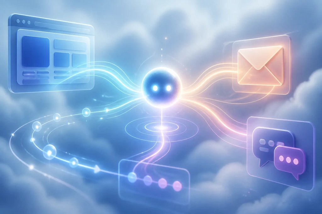 Un agente AI in un ambiente cloud collegato a più strumenti digitali in modo continuo.
