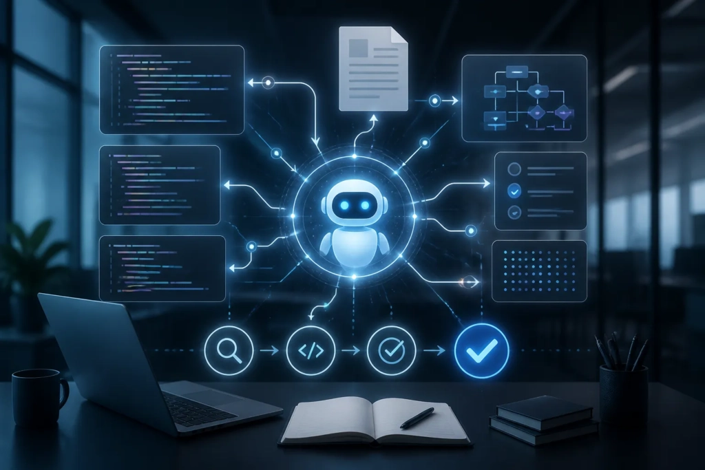 Rappresentazione concettuale di un assistente AI che coordina più passaggi di coding su documenti e strumenti digitali.