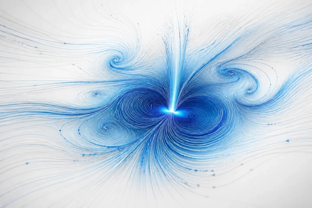 Rappresentazione concettuale di un fluido con vortici e una zona di instabilità che richiama le equazioni di Navier-Stokes.