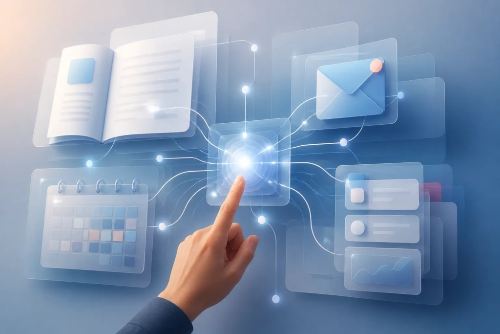 Diagramma concettuale di un’intelligenza artificiale integrata come livello interno tra documento, email, calendario e azioni del sistema.