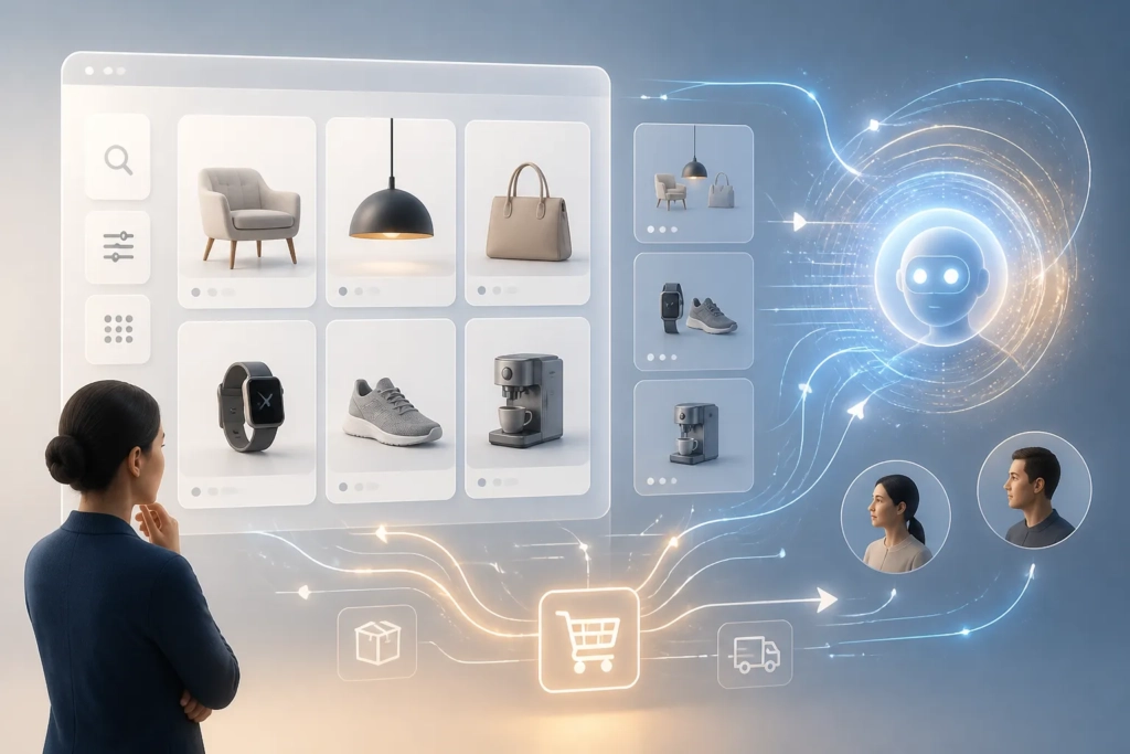 Un catalogo di prodotti si collega a un assistente digitale che guida la ricerca e l’acquisto.