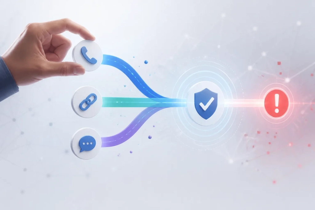 Rappresentazione concettuale di un controllo antifrode che valuta numero, link e messaggio in un’unica procedura.