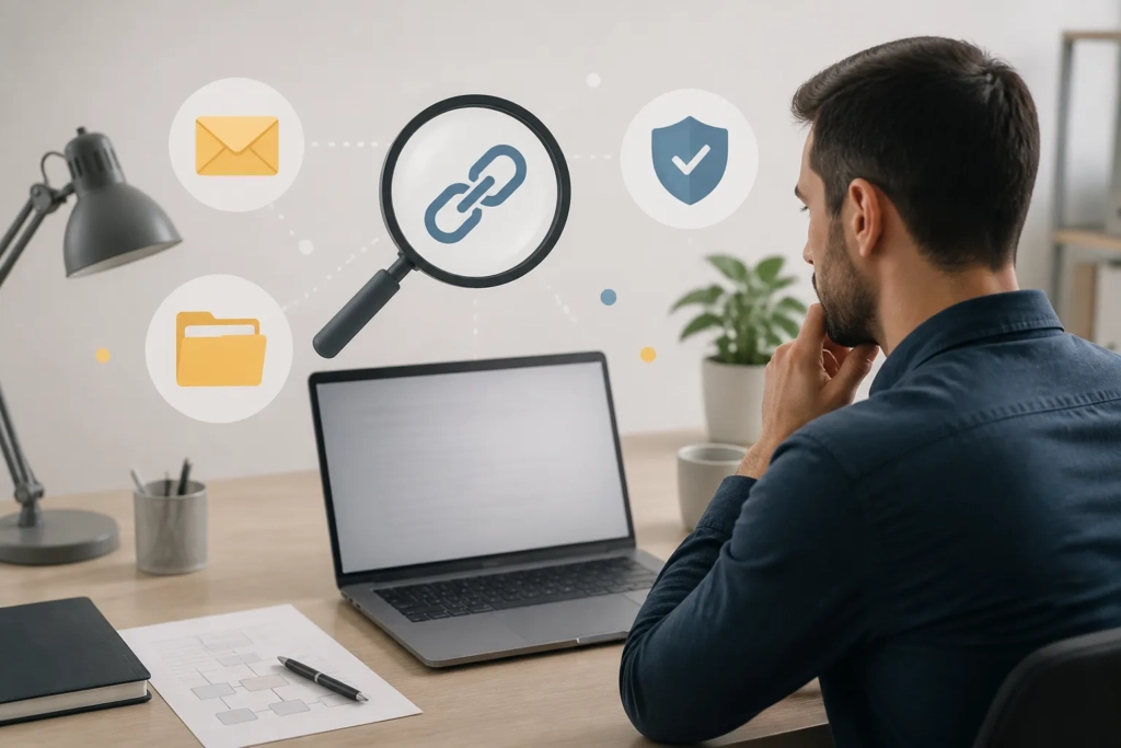 Un professionista verifica dal browser un messaggio o un collegamento sospetto in un contesto di lavoro.