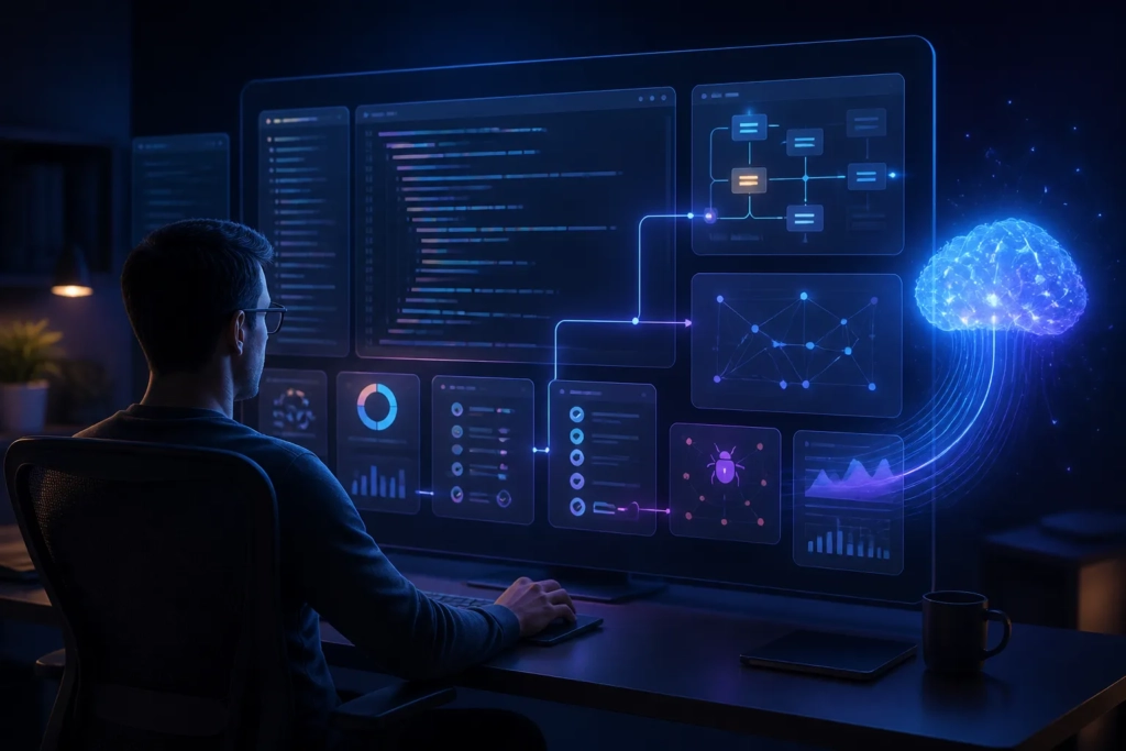 Sviluppatore in un ambiente IDE unificato con supporto AI per codice, test e debugging.